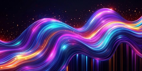 Obraz premium Abstract Luminous Waves, Flowing Ribbon of Blue, Magenta, and Orange on a Dark Background