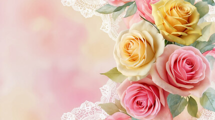 Obraz premium Pastel Roses Bouquet on Lace Background - Romantic Floral Design