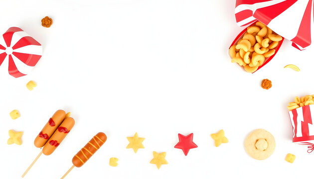 Carnival theme food bottom border on a white marble background. Top view with copy space. Summer fair concept. Corn dogs, funnel cake and snacks. with white shades