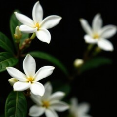 Naklejka premium Delicate white jasmine blossoms contrast sharply against a deep black background , low key, close-up