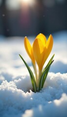 Fototapeta premium Delicate yellow crocus emerging from melting snow , nature, ice