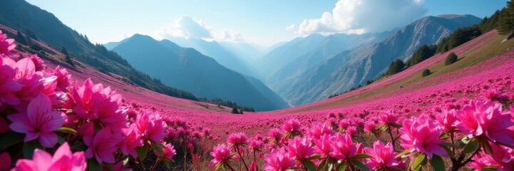 Dense clusters of rhododendrons paint Chamonix's high-altitude fields vibrant pink , outdoor, pink flowers