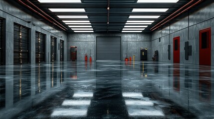 Modern warehouse interior, reflective floor, storage, industrial, empty, doors, lighting, facility