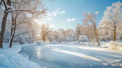 Fototapeta premium Winter Wonderland: Sunlit Frozen Lake in Snow Covered Park