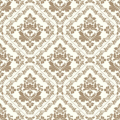 Seamless golden damask pattern on beige background. Luxurious classic ornament in baroque style.