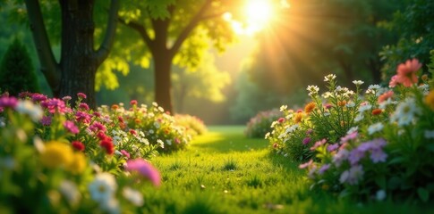 Obraz premium Dreamy, out-of-focus garden scene, sunlit trees, image-resource, vibrant