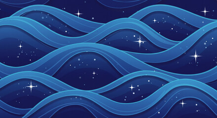 A starry night sky shimmers above calm, blue waves