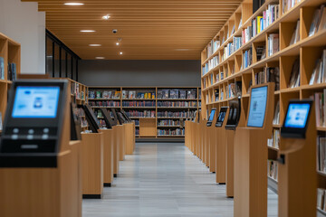 Fototapeta premium Modern self-service bookstore with digital price tags and kiosks
