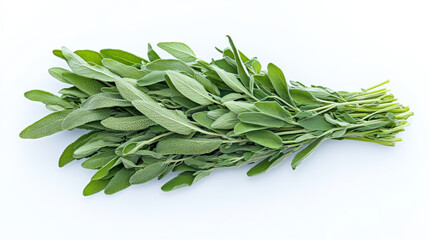 Fototapeta premium Fresh sage leaves arranged in bundle, showcasing vibrant green color and texture, perfect for culinary use or garnishing dishes