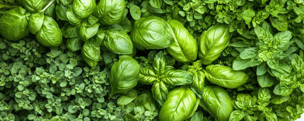 Fresh garden herbs including basil, oregano, and mint create vibrant green tapestry. This lush arrangement showcases beauty and variety of culinary herbs