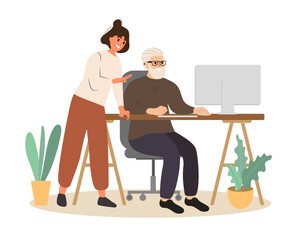 Modern old people using internet, computers. Senior man with computer. Young people help old man with computer. Elderly generation online.Vector illustration.