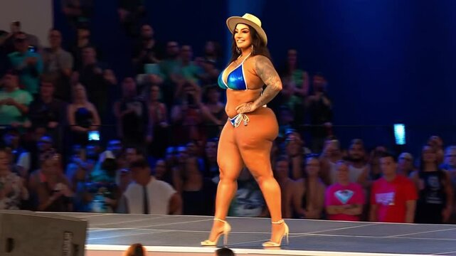 Plus size modified tattooed scantily clad bikini women on catwalk at fashion show