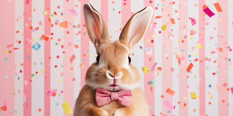Happy rabbit wearing bow tie on striped pastel background with confetti. Celebrating Easter.