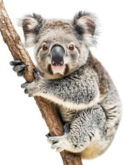 Close-up of a koala clinging to a tree, showcasing its fluffy fur, round ears, and expressive eyes. A high-resolution wildlife image with intricate details and a transparent background.