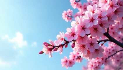 Full cherry blossom tree in bloom, vibrant pink, clear sky , floral background, photography