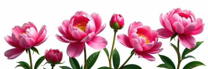 Obraz premium Full, fragrant peonies in various stages of bloom, isolated on white , image, soft, pink