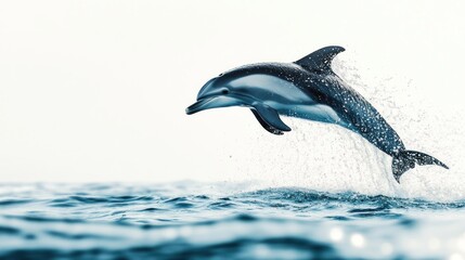 Fototapeta premium Dolphin leaping ocean, white background, marine wildlife, nature documentary