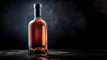 high end bottle of non alcoholic liquor with sleek design, illuminated against dark background, exuding elegance and sophistication. Perfect for special occasions
