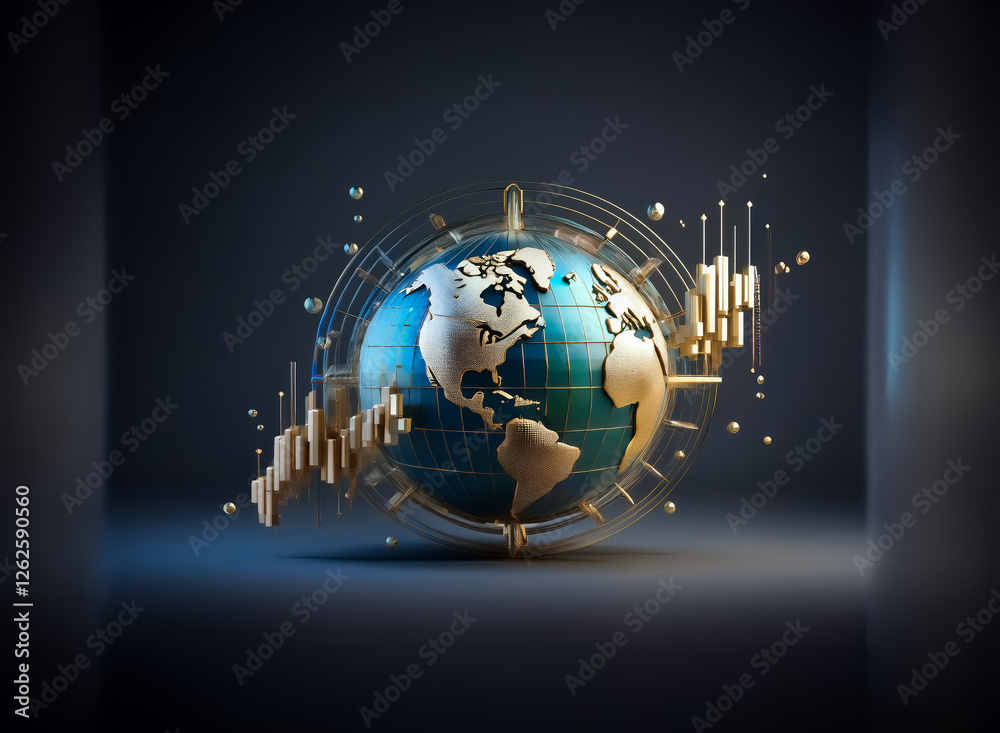 Poster Elegant globe encircled by golden bars, creating a visual metaphor for global data and growth.  Shiny, polished design on a dark backdrop.