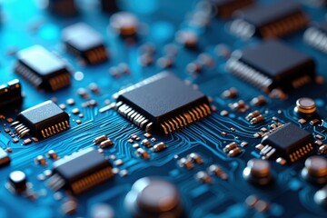 A Close-Up View of a Computer Circuit Board Featuring Microchips and Electronic Components in a High-Tech Setting