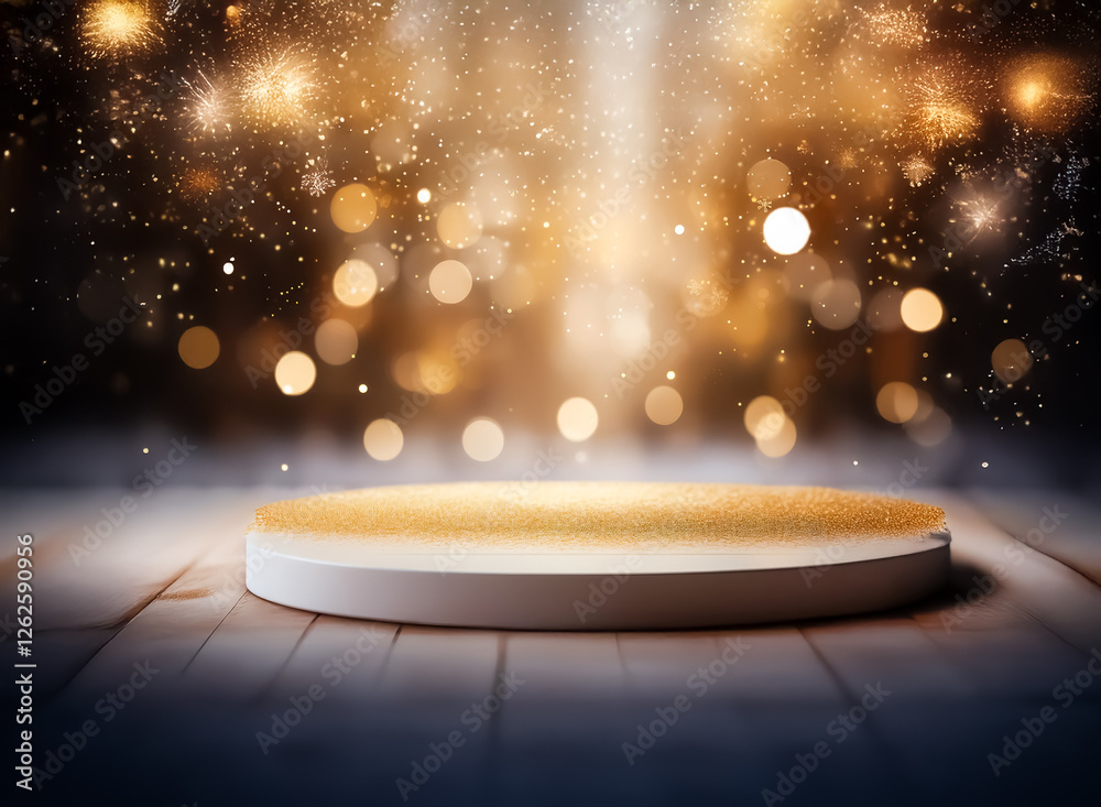 Poster Golden stage platform under sparkling bokeh lights. Wooden floor for elegant product display or festive celebration.