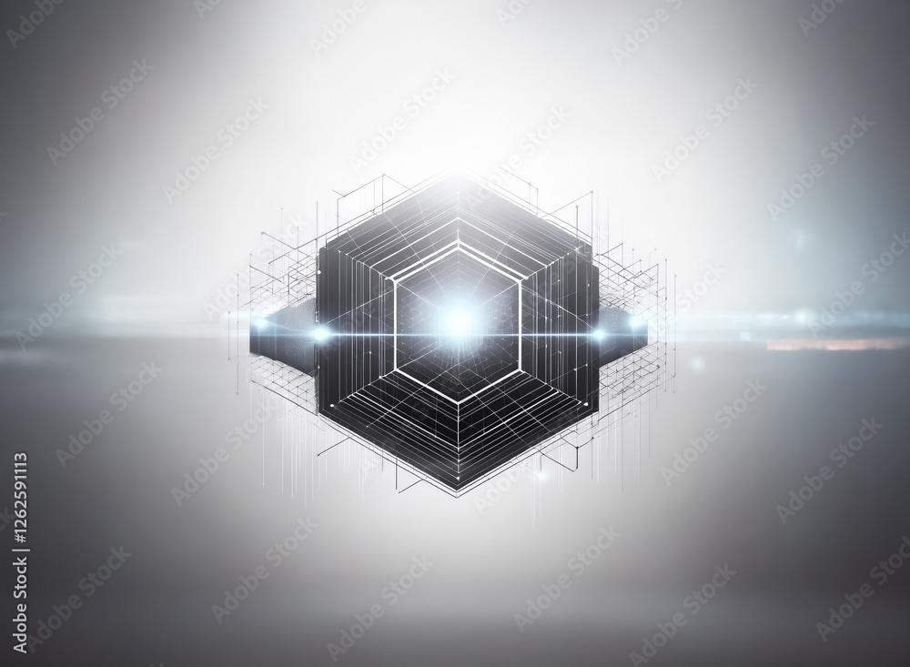 Fototapete complex geometric structure with bright, luminous points and connecting lines, hovering in a soft, d