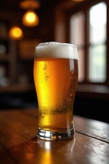 Golden beer, pint glass, wood bar, pub lighting, alcohol, texture, atmosphere