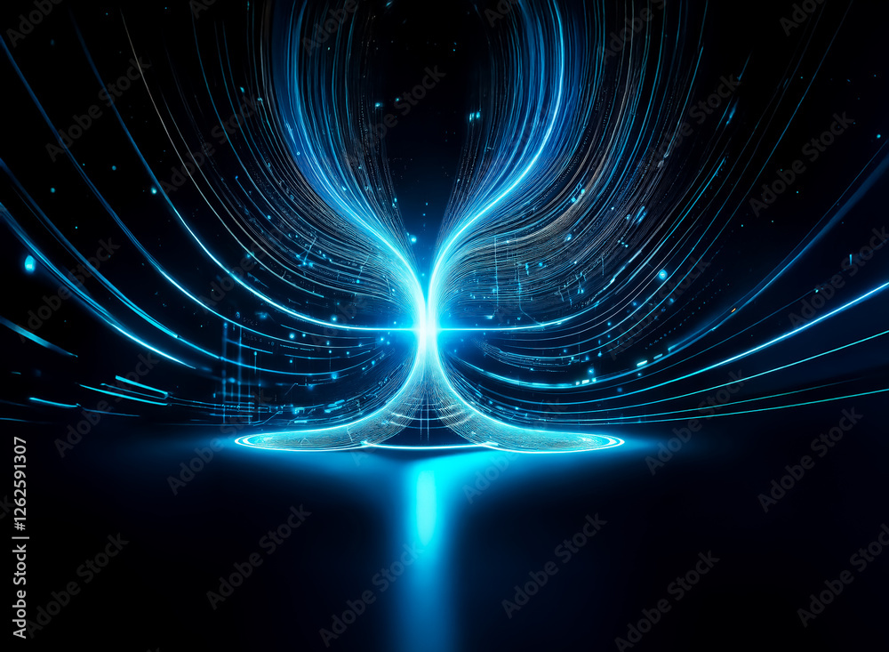 Fototapete abstract glowing blue light trails converge and diverge in a dark space, creating a dynamic, futuris