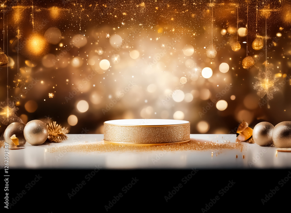 Poster golden podium stands on a white surface adorned with golden ornaments, set against a backdrop of blu
