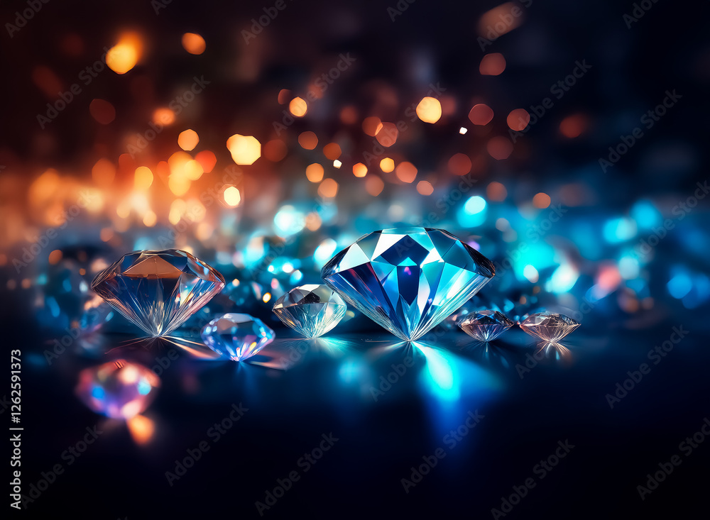 Poster shiny diamonds sparkle with blue and white light, reflecting on a dark surface. bokeh lights in the 