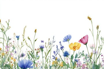 Watercolor wildflower field border design with an empty center area for text, a colorful meadow flower border on a white background. 
