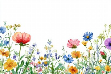 Fototapeta premium Watercolor wildflower field border design with an empty center area for text, a colorful meadow flower border on a white background. 