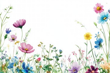 Obraz premium Watercolor wildflower field border design with an empty center area for text, a colorful meadow flower border on a white background. 