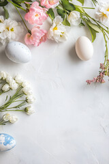 Easter eggs painted in different pastel colors to celebrate Easter. Dyed eggs on light background with flowers, top down view.