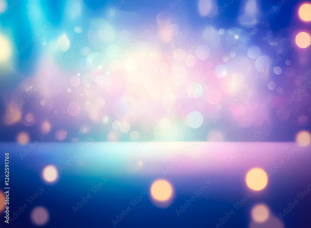 Poster blurred background with bokeh lights in shades of blue, purple, and pink. soft focus and glowing eff