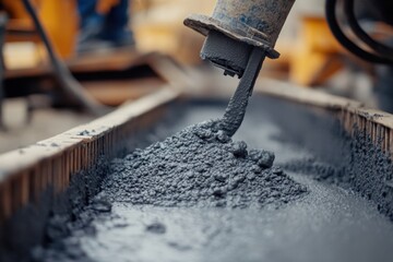 Concrete pumping in construction site closeup view of concrete mix industrial environment heavy equipment operation detailed perspective on material flow