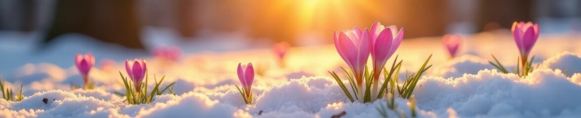 Golden sunlight illuminates vibrant crocus pushing through pristine snow , melt, sunlight, dawn