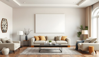 Fototapeta premium Empty canvas in a beige living room with modern details, grunge. with white shades