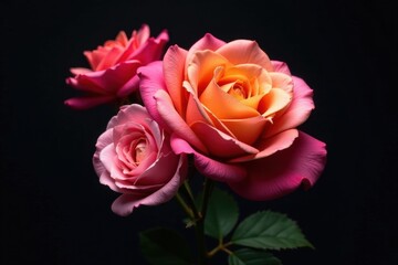 Gorgeous multicolored rose cluster, rich black contrast, red, flowers, elegant