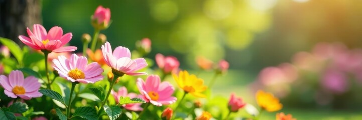 Naklejka premium Pastel flowers blooming in a lush garden on a warm sunny day, sunflower, hibiscus