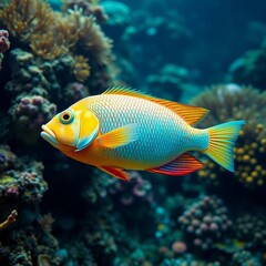 High-resolution stock photo A vibrant sea fish swimming underwater amidst a colorful coral reef, showcasing detailed scales and fins. 