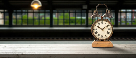 Naklejka premium A vintage alarm clock sits on a wooden platform at a train station, surrounded by a serene atmosphere with soft lighting and greenery outside.