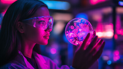 Naklejka premium A confident woman scientist inspects a petri dish filled with glowing biotech samples in a high-tech laboratory. The lab’s sterile environment contrasts with her brilliant ideas
