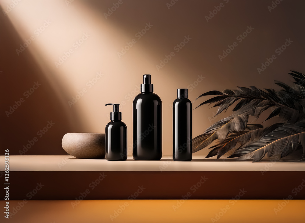 Poster elegant black bottles are showcased with a bowl and plant on a beige surface in soft light. a minima
