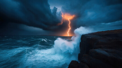 Fototapeta premium dramatic ocean scene featuring turbulent waves crashing against rocky shore, illuminated by striking lightning bolt piercing through dark storm clouds. atmosphere is intense and powerful