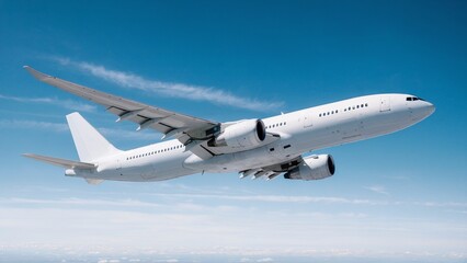 Obraz premium Commercial Airplane in Flight Against a Clear Blue Sky