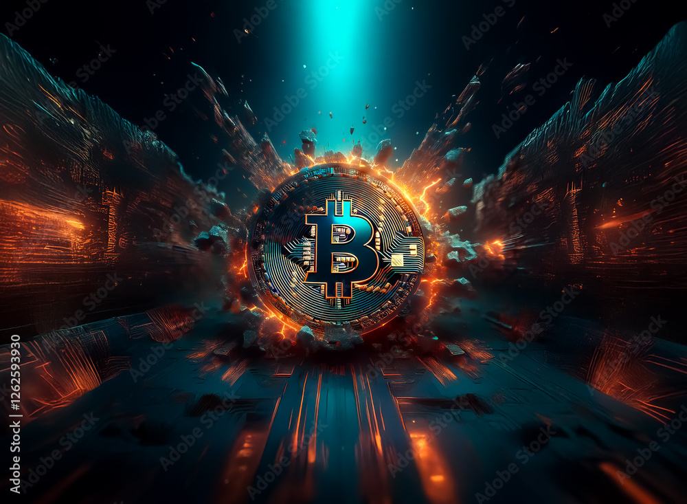 Aufkleber a glowing bitcoin symbol emerges powerfully from a dynamic and abstract digital landscape, suggestin
