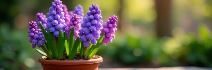 Obraz premium Hyacinth blooms in terracotta pot, spring garden , close-up, colorful