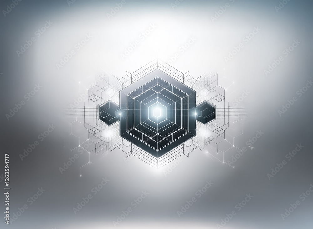 Poster Abstract geometric design featuring a central hexagon with interconnected smaller shapes. A futuristic and technological feel is conveyed against a soft, blurred backdrop.