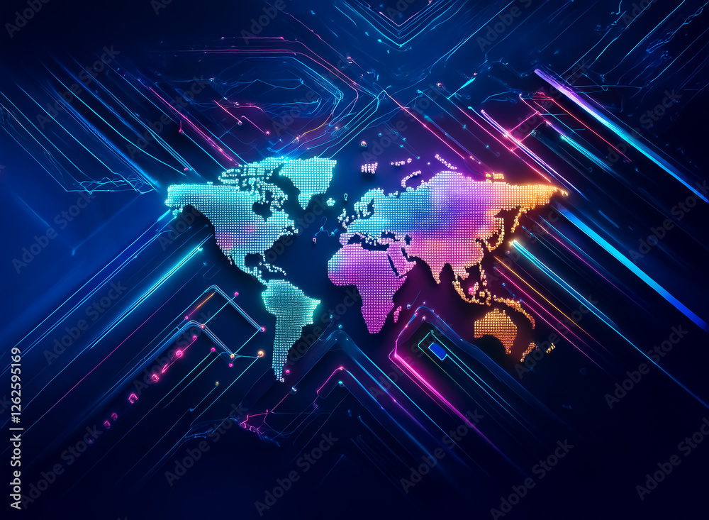 Poster Vibrant, glowing world map with digital lines conveys global connectivity in a futuristic tech style.  Abstract design on a dark blue background.